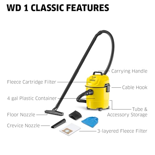 Kärcher WD 1 Classic Multi-Purpose 4 Gallon Wet-Dry Shop Vacuum Cleaner with Floor Nozzle, Crevice Nozzle, Blower Feature, Compact Space-Saving Design, 900W - style: WD 1 Classic