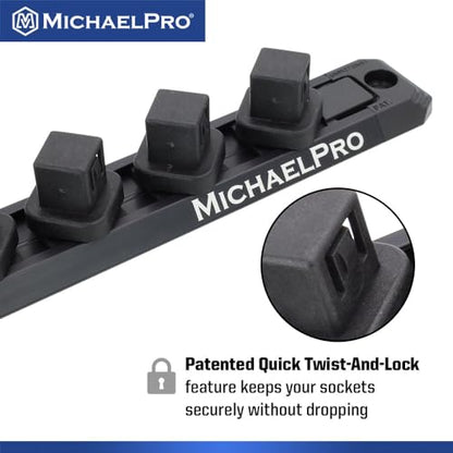 MichaelPro 3-Piece Quick Lock Magnetic Socket Organizer Rail Set- 1/4-inch, 3/8-Inch, and 1/2-Inch Drive Tool Socket Organizers, Hold 36 Sockets, Heavy Duty Aluminum Magnetic Socket Storage | MP014040 - style: Magnetic with Lock Function