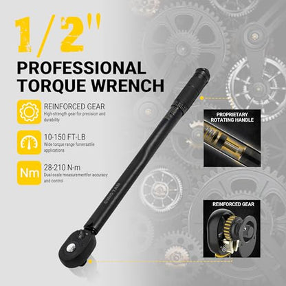 1/2" Drive Click Torque Wrench, 10-150 Ft-Lb, ±4% High Accuracy | 72-Tooth Ratchet for Smooth Use, Dual-Range 13.6-203Nm Scale, With Storage Case, Ideal for Auto, Motorcycle & Bicycle Repair