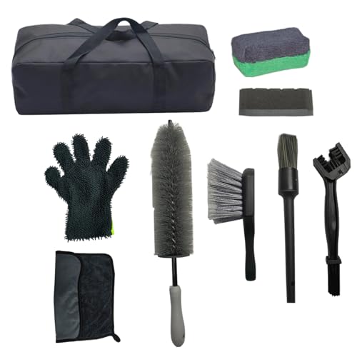 Sutekus 8Pcs Car Wheel Cleaning Kit, Tire & Rim Detailing Set with Hard Reach Bendable and Stiff Tire Brushes, Microfiber Mitt & Towel for Car Motorcycle SUV