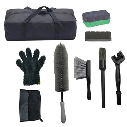 Sutekus 8Pcs Car Wheel Cleaning Kit, Tire & Rim Detailing Set with Hard Reach Bendable and Stiff Tire Brushes, Microfiber Mitt & Towel for Car Motorcycle SUV