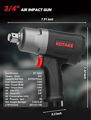 ROTAKE 3/4" Air Impact Wrench, 1400 ft-lbs, Twin Hammer, RT-5554 | 7200 RPM Speed, Heavy-Duty Aluminum Hammer Case, 5.34-lb Composite Body, 3-Speed Control, Light Trucks & Farm Equipment - size: 3/4" (1400 ft-lbs)RT-5554