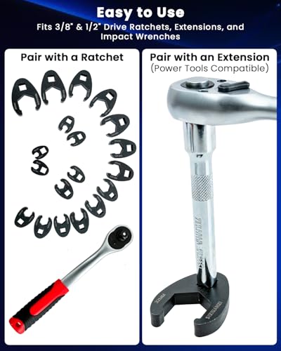 SIXIWANZI 19 Piece Metric Crowfoot Wrench Set, Crowfoot Flare Nut Wrenches 8-32 mm, 3/8" & 1/2" Drive Crows Foot Wrenches Set