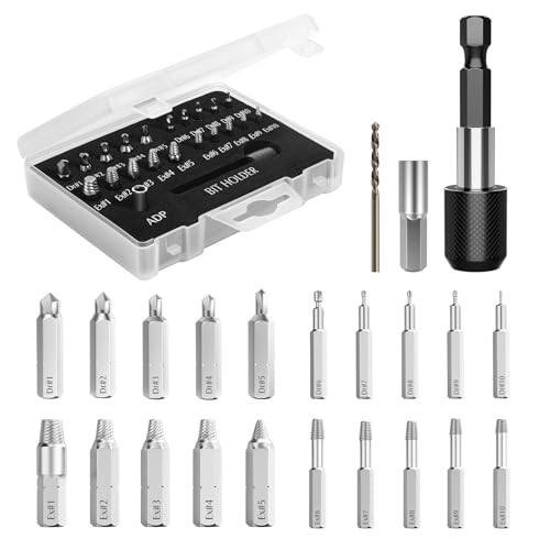 Nuovoware Damaged Screw Extractor Set, 22 PCS Easy Out Stripped Screw Extractor Kit, All-purpose HSS Broken Screw Remover Set with Magnetic Extension Bit Holder & Socket Adapter - color: Silver & Black, size: 22 PCS