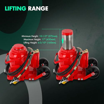 Air Hydraulic Bottle Jack 50 Ton (11 0231 LBS) Pneumatic Bottle Jack Lift Range 27-43cm Air Transmission Jack with Pneumatic & Manual Hand Pump, for Pickup, Truck, RV, Auto Repair, Red