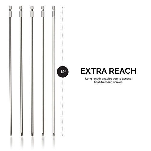 NEIKO 10043A Extra Long Bit Set | 5-Piece | Cr-V Steel | 12-Inch Length Phillips and Slotted Screwdriver Bits |1/4-Inch Hex Shank | Power Driver Bit Set - size: Screwdriver Bit, style: Phillips and Slotted