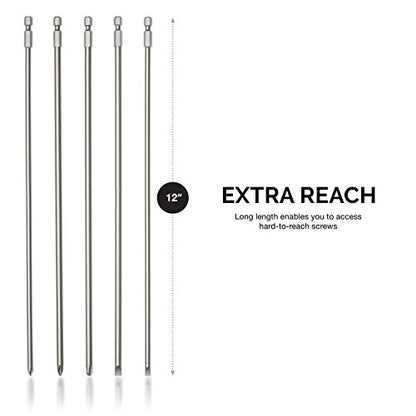 NEIKO 10043A Extra Long Bit Set | 5-Piece | Cr-V Steel | 12-Inch Length Phillips and Slotted Screwdriver Bits |1/4-Inch Hex Shank | Power Driver Bit Set - size: Screwdriver Bit, style: Phillips and Slotted