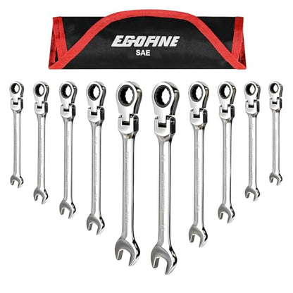 Egofine Flex Head Ratcheting Wrench Set 10 Piece, SAE Wrench Set, CR-V Steel 1/4" to 3/4" Wrench, 72-Teeth Combination wrench set, Chrome plated Ratchet Wrenches Set with Tool Roll Bag - style: SAE-10 piece set