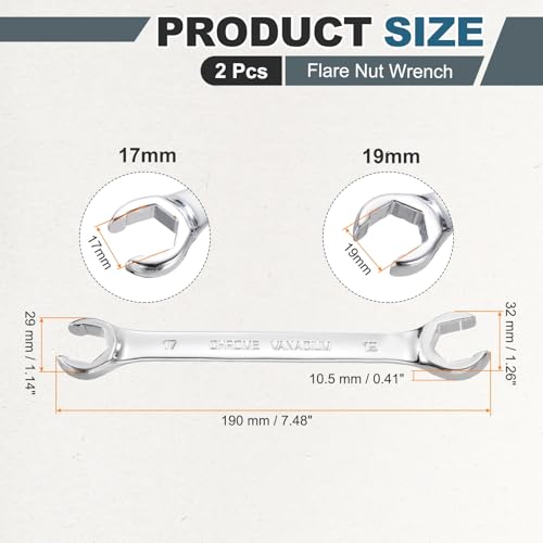 HARFINGTON 2 Pcs Flare Nut Wrench 17mm x 19mm Metric Double Open End Thick Spanner Mirror Polish Finish 45# Steel Brake Line Wrench For Fuel Tube Hose Transmission Line, Silver - size: 17mm x 19mm