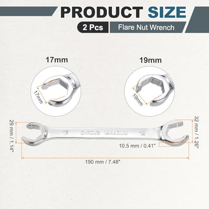 HARFINGTON 2 Pcs Flare Nut Wrench 17mm x 19mm Metric Double Open End Thick Spanner Mirror Polish Finish 45# Steel Brake Line Wrench For Fuel Tube Hose Transmission Line, Silver - size: 17mm x 19mm