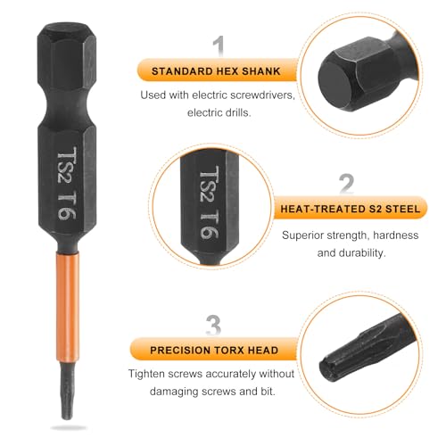 HARFINGTON 3pcs T6 Torx Head Screwdriver Bit 2" (50mm) Long 1/4" Hex Shank Magnetic No Hole Tamper Proof 6 Point Star Screw Driver Drill Bits Phosphate S2 Steel Industrial Power Tools - size: T6 x 50mm