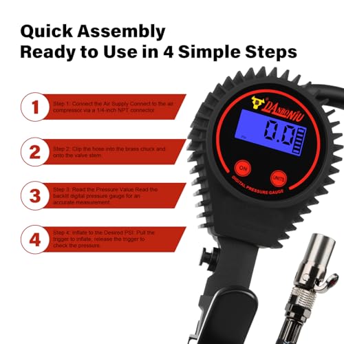 Heavy Duty Digital Tire Pressure Gauge, Air Pressure Gauge Inflator, Quick Lock Chuck, 20" Hose, 1/4" Npt, W/Extreme ± 0.1& Accuracy, 0-250 PSI