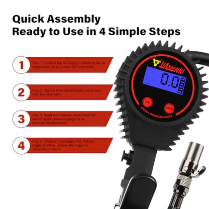 Heavy Duty Digital Tire Pressure Gauge, Air Pressure Gauge Inflator, Quick Lock Chuck, 20" Hose, 1/4" Npt, W/Extreme ± 0.1& Accuracy, 0-250 PSI