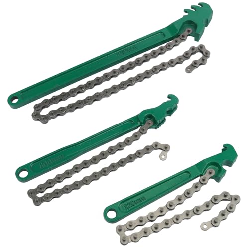 3 PCS Chain Wrench Set, Green Adjustable Chain Oil Filter Wrench (9", 12", 16"), Heavy Duty Carbon Steel Pipe Wrench for Automotive Repair & Plumbing