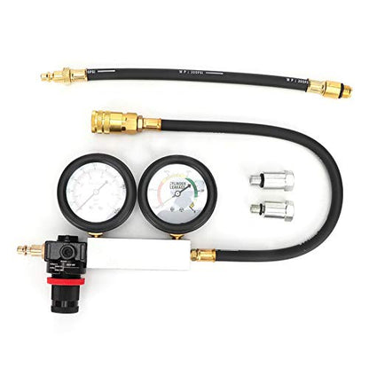 Cylinder Leakage Detector with Dual Pressure Gauges – Engine Compression Leakdown Tester Kit for Piston, Valve & Head Gasket Diagnosis, Includes Threaded Test Plugs for 14mm, 18mm, and Sizes