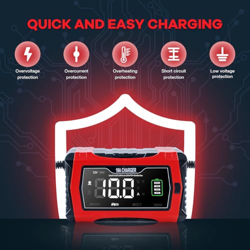 Hosyond Smart Battery Charger 10A 12V & 24V, Trickle Charger, Battery Maintainer and Desulfator, for Lithium,LiFePO4,Lead Acid (AGM/Gel/SLA..), for Car Motorcycle Lawn Mower