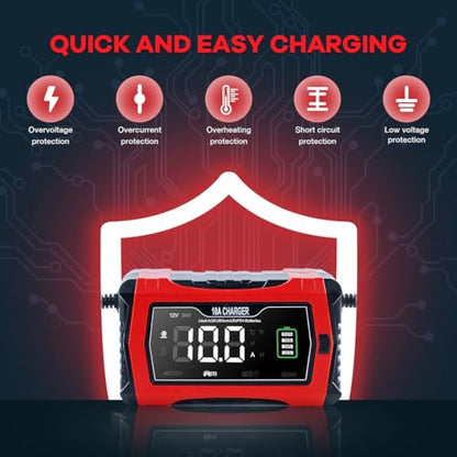 Hosyond Smart Battery Charger 10A 12V & 24V, Trickle Charger, Battery Maintainer and Desulfator, for Lithium,LiFePO4,Lead Acid (AGM/Gel/SLA..), for Car Motorcycle Lawn Mower