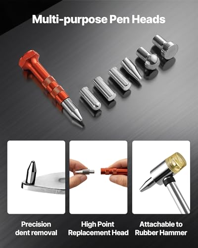 VEVOR Dent Puller Kit, Paintless Car Dent Removal Tool, Auto Fender Damage Repair Puller Lifter with Curved Rod, Crowbar, Rubber Hammer, Airbag, Detachable & Repair Pens, Replacement Heads Tools Kit