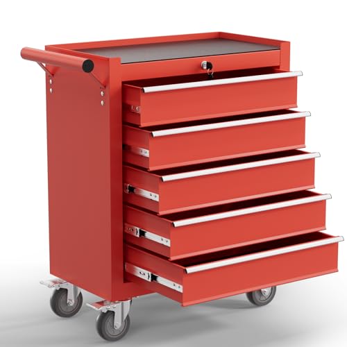 5-Drawer Tool Chest,Rolling Tool Cart with Wheels,High Capacity Tool Cabinet with Locking System for Garage, Warehouse, Workshop-Red - color: Red, size: 5 Drawer