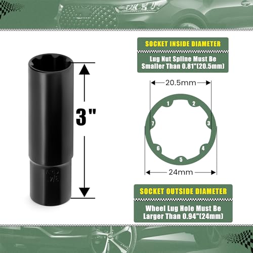 7 Spline Lug Nuts Key Socket, 1/2 Inch Drive Impact Square Tool - Quickly Remove M14x1.5, M14x2.0 and 9/16 Wheel Lug Nuts | 1 Pc (Black) - size: 7 Spline Socket
