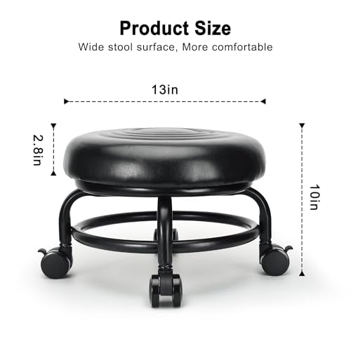 Low Height Rolling Stool Low Roller Stool PU Leather Comfortable Chair, Modern Low Rolling Stool for Home Office Garage Shop