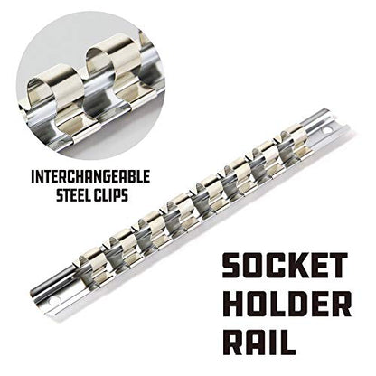 Powerbuilt Hex Bit Socket Set, 8 Piece, 3/8 Inch Drive Metric, Sizes 3-10mm, Ball End Sockets, Storage Rail - 642405, Silver
