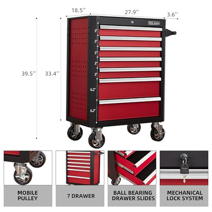 Upgrade 7-Drawer Rolling Tool Chest with Locking Wheels & Drawers, 18.5" D x 27.9" W x 39.5" H Mobile Tool Storage Cabinet, Heavy-Duty Garage Organizer w/Ergonomic Handle - color: Red and White