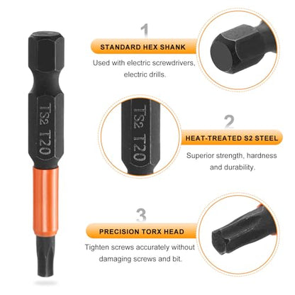 HARFINGTON 3pcs T20 Torx Head Screwdriver Bit 2" (50mm) Long 1/4" Hex Shank Magnetic No Hole Tamper Proof 6 Point Star Screw Driver Drill Bits Phosphate S2 Steel Industrial Power Tools - size: T20 x 50mm