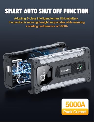 Sharmeal Car Jump Starter 5000A, Jump Starter Battery Pack for 10.0L Gas and 9.0L Diesel, 12V Portable Jump Box with LED Light - color: 5000A