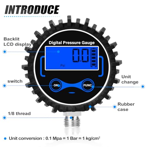 MEANLIN MEASURE 0-300PSI Digital Pressure Gauge with Rubber Cover, Lower Mount, Accuracy 1%, Resolution 0.1psi, with 1/8" x 1/4" and 1/8" x 3/8" NPT Hex Bushing - size: 0 - 300 PSI, style: Lower Mount (1/8 NPT)