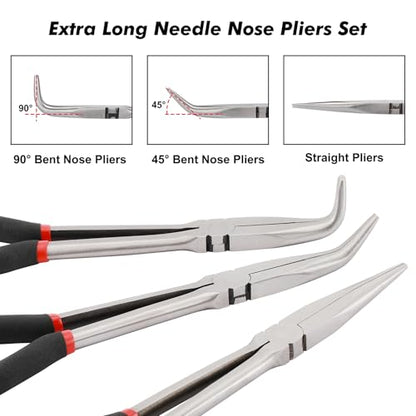 CASOMAN 6PCS 11" Extra Long Pliers Set, Include Extra Long Needle Nose Pliers Set (1"Long Nose Plier, 90°&45° Bent Nose Pliers) & Non-slip Hose Gripper Plier Set(5/16", 1/2", 3/4" Dia) - style: 6PCS