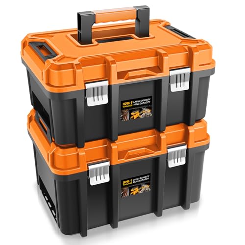 Auto Dynasty 17-Inch Tool Box, 2Pcs Toolboxes Organizer Storage with Removable Tray and Portable Handle for Garage Workshop Home Office Car Trunk, Orange - color: Orange