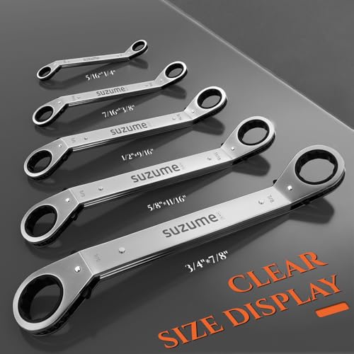 SUZUME 5PCS Offset Box End Reversible Ratcheting Wrench Set SAE (1/4"-7/8") Offset 25° Ratchet Wrenches Set for Auto Repair Engine Narrow Spaces with Rolling Pouch - size: SAE