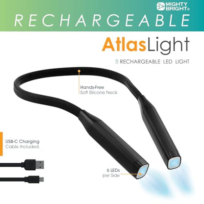 Mighty Bright Atlas Rechargeable Neck Light, 12 LED, 3 Color Temperatures, USB-C Charging Cable Included (Black) - color: Black