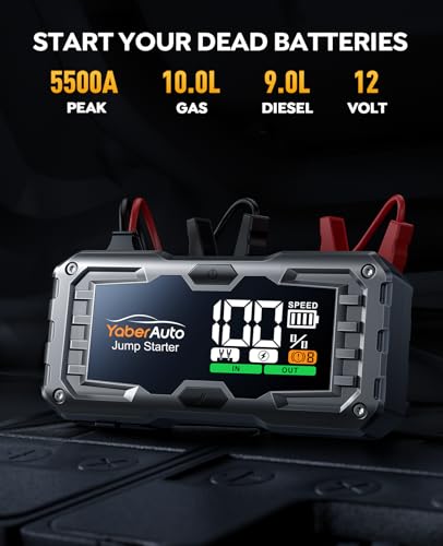 YaberAuto Car Battery Jump Starter 5500A Portable Car Jump Starter Battery Pack (10.0L Gas/9.0L Diesel), 12V Car Battery Jump Starter Portable, Jump Box with Jumper Cables, 160W DC, 4-Modes-Lights