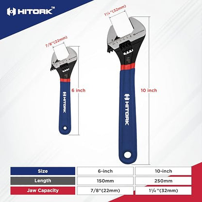 HITORK 2 piece Adjustable Wrench Set, 6 & 10 Inch, CRV Steel, Black Oxide, Double Dip Sleeve, Quick Adjust, Laser Etched SAE & Metric Scale, Anti Rust & Durable – For Plumbing, Garage & Workshop
