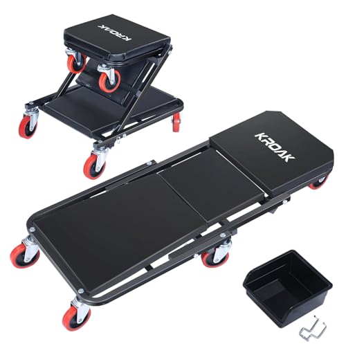 KROAK Creeper, 36 Inches 2 in 1 Z Creeper Seat 330 lbs Capacity Garage Chair Adjustable Rolling Folding Car Creeper with 6 pcs Wheels,Lay Down or Sit for Garage, Shop, Auto Repair Black - size: 36"