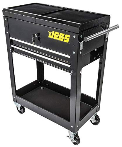JEGS Heavy-Duty Tool Box Cart | 220 LBS Capacity | Uses Four 4" Caster Wheels | Includes 2 Keyes and 6 Drawer Liners | Black with JEGS Logo | 2 Locking Drawers | Sliding Top