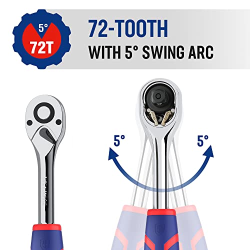 WORKPRO 1/2" Drive Ratchet Wrench, 72-Tooth Reversible | Quick-Release, CR-MO Head, Chrome Plated Finish, Ergonomic Non-Slip Handle - size: 1/2"
