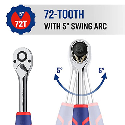 WORKPRO 1/2" Drive Ratchet Wrench, 72-Tooth Reversible | Quick-Release, CR-MO Head, Chrome Plated Finish, Ergonomic Non-Slip Handle - size: 1/2"