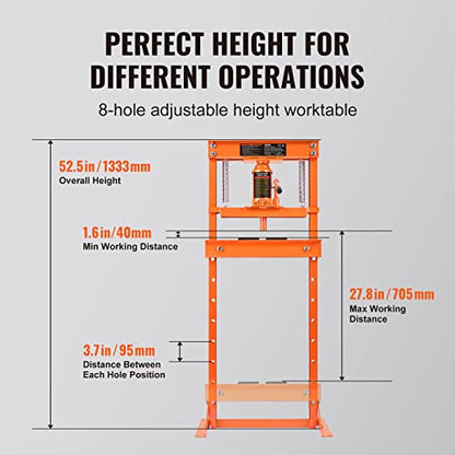 VEVOR Hydraulic Shop Press, 12 Ton/26000lbs, H-Frame, 4-Hold Adjustable Height, with Movable Plates, for Garage or Professional Users, Orange - size: 12T