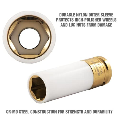 OEMTOOLS 25566 19MM Lug Nut Socket, 1/2" Drive 19mm Socket for Wheel Service, Non-Marring Sleeve, Thin Wall, CR-MO Steel for Impact Tools, 400 Ft-Lb Max Torque - size: 19mm (1 Piece)
