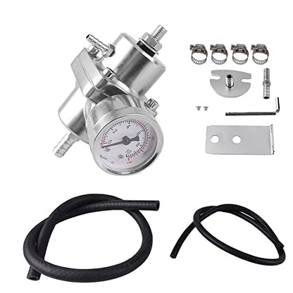 BARTOO Universal Adjustable Fuel Pressure Regulator Kit, Aluminum Fuel Regulator,Adjustable Gas Oil Injection Pressure Regulator with 0-140 PSI Gauge -Silver - color: Silver