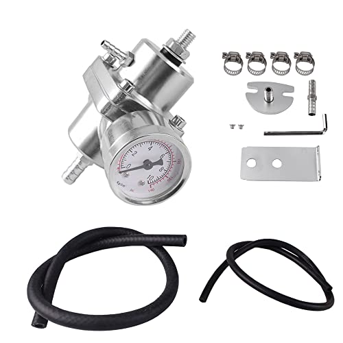 BARTOO Universal Adjustable Fuel Pressure Regulator Kit, Aluminum Fuel Regulator,Adjustable Gas Oil Injection Pressure Regulator with 0-140 PSI Gauge -Silver - color: Silver