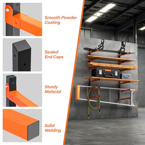 TVKB 2 Pack Heavy Duty Lumber Storage Rack, Wall Mount Wood Rack with 3-Level, Garage Wood Storage Shelves for Lumber, Plywood & Long Tools, Orange, Indoor/Outdoor