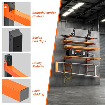 TVKB 2 Pack Heavy Duty Lumber Storage Rack, Wall Mount Wood Rack with 3-Level, Garage Wood Storage Shelves for Lumber, Plywood & Long Tools, Orange, Indoor/Outdoor