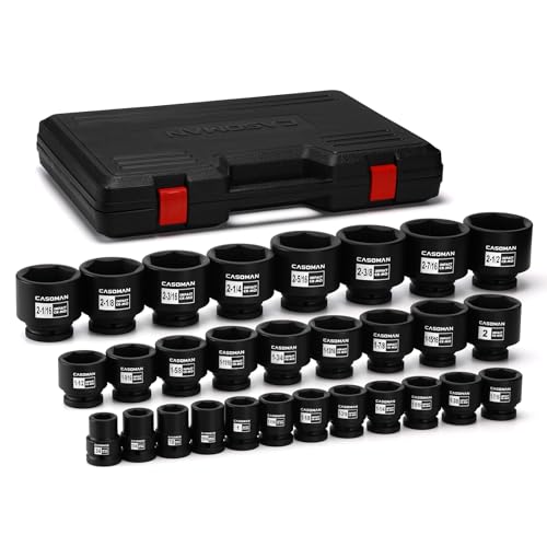 CASOMAN 29-Piece 3/4" Drive Shallow Spindle Axle Nut Impact Socket Set, 6-Point, Standard Large Socket Set, SAE (3/4" to 2-1/2"), CR-MO Steel, with Storage Case - size: 29 PCS (3/4" to 2-1/2")