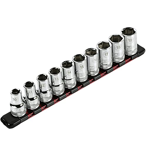 ARES 70342 1/2-Inch Drive Aluminum Socket Organizer | Store up to 10 Sockets and Keep Your Tool Box Organized; Sockets Will Not Fall Off this Rail - color: Red, size: 1/2" Drive 9.84" Aluminum Socket Rail