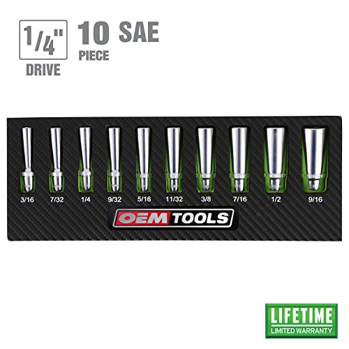 OEMTOOLS 23985 10 Piece 1/4" Drive Deep Socket Set, SAE Sizes 3/16"-9/16", Rust-Resistant 1/4 Drive Socket Set, EVA Storage Tray, Heat-Treated Alloy Steel Sockets - style: 1/4" SAE