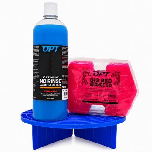 Optimum No Rinse Version 6 (32 Oz), Grit Guard Bucket Insert (Blue), and Big Red Sponge 2.0 (BRS) Car Cleaning Kit, ONR Rinseless Car Wash, Dirt Lock, and Professional Wash Sponge for Auto Detailing